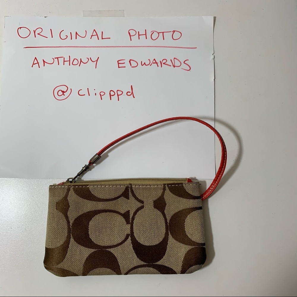 Coach Zip-Up Wristlet in Khaki with Red trim